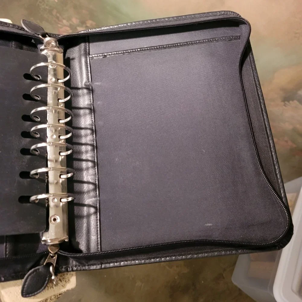 Black Day Timer Cover Smooth Leather Dual Zip Medium Size 7 Rings Organizer